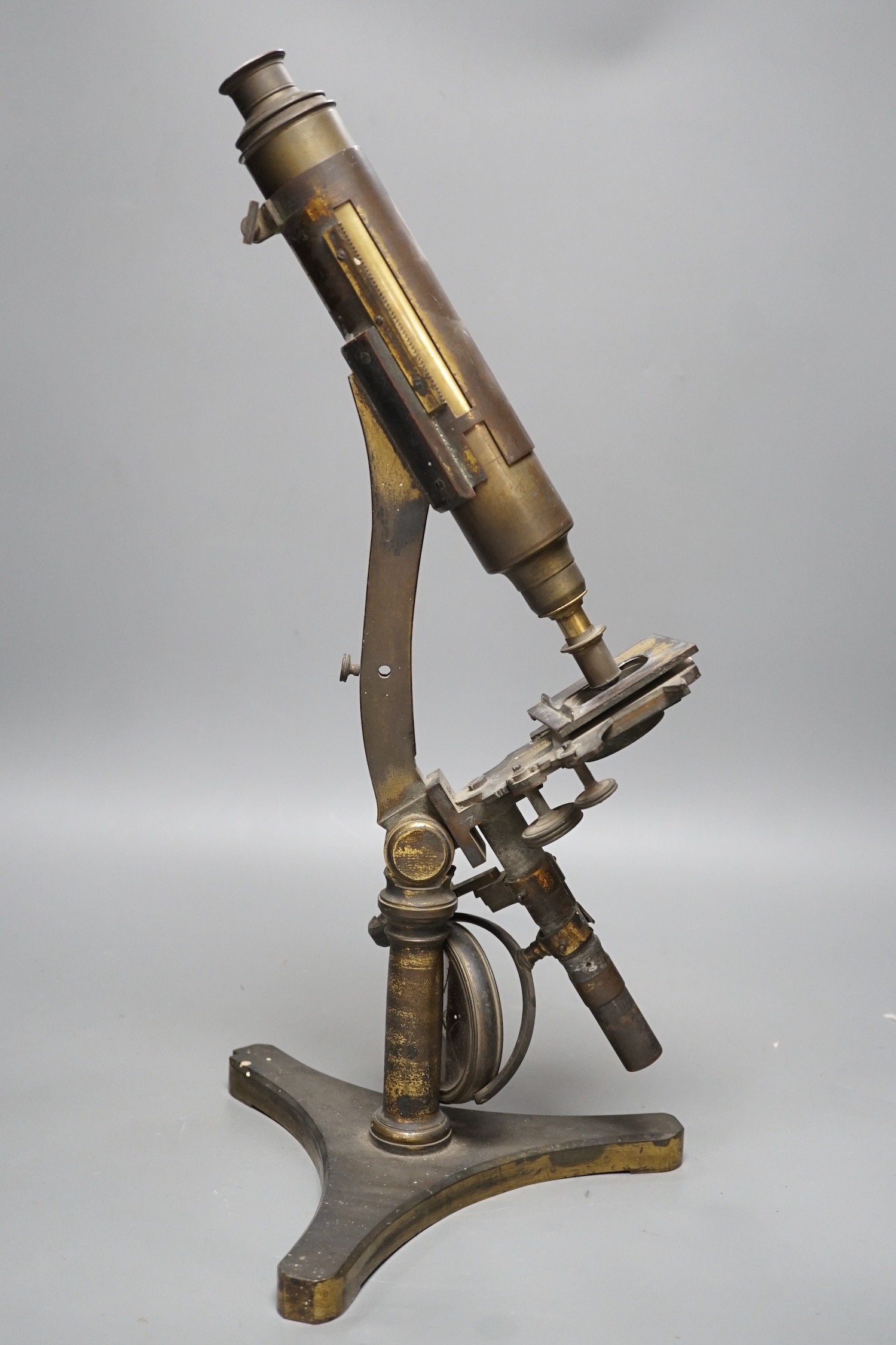 A Victorian brass microscope, 47cms high